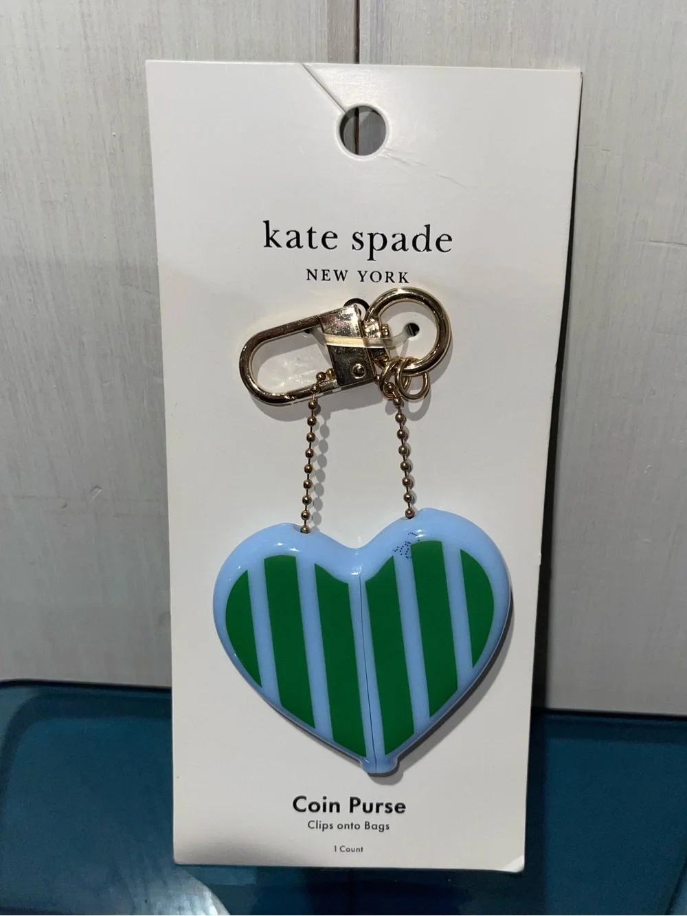 Silicone Heart Coin Pouch Keychain in Light Blue with Green Stripes NWT see pics